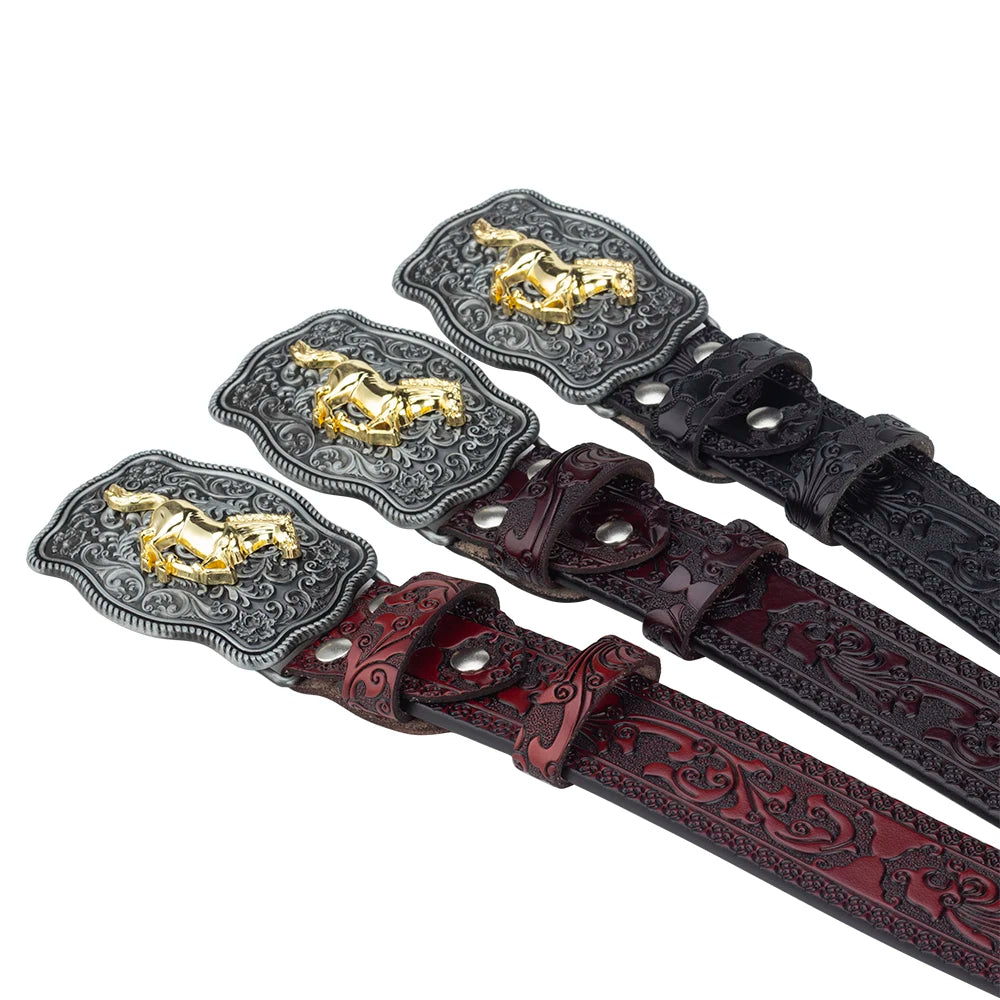 Horse Buckle Leather Embossing Belt For Men Fashion Retro