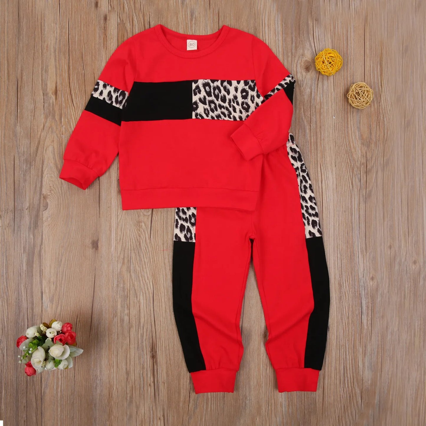 Patchwork Leopard Two Piece Baby Girl Clothes Kids Sportswear Suit Long Sleeve Round Neck Top Elastic Head Long Pants for Autumn