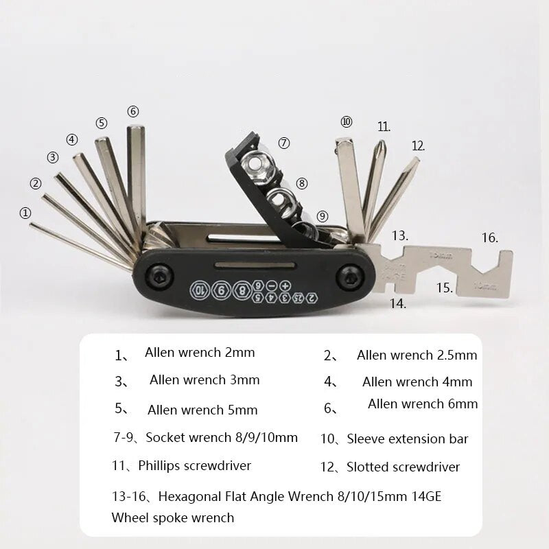 ערכות מפתח ברגים לאופניים 16 ב-1 סט מברגים פנימיים מפלדת פחמן MTB Multitool כלי תיקון ברגים ערכות אביזרי אופני כביש