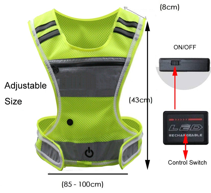 Cycling LED Reflective Vest Running Gear with Pouch USB Charging & Adjustable Waist with 3 LED Glowing Modes Reflective Straps