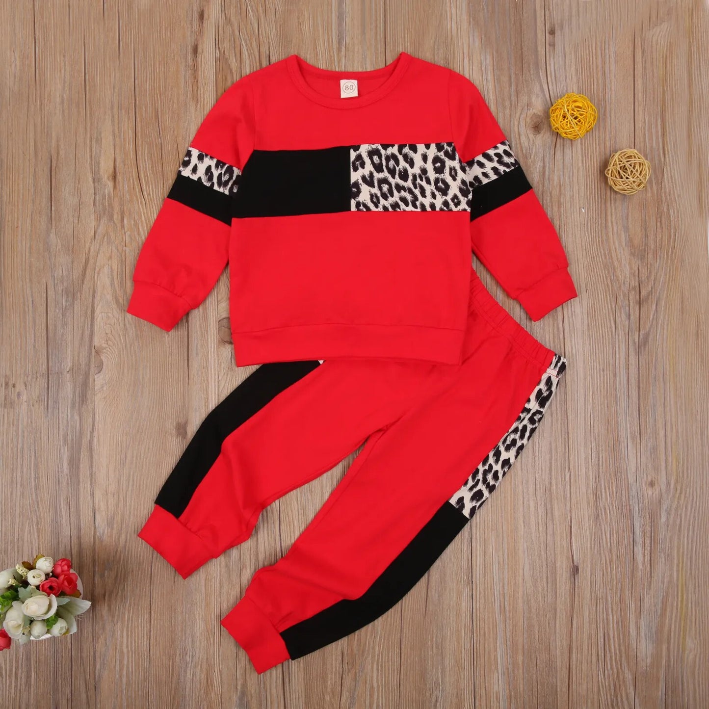 Patchwork Leopard Two Piece Baby Girl Clothes Kids Sportswear Suit Long Sleeve Round Neck Top Elastic Head Long Pants for Autumn