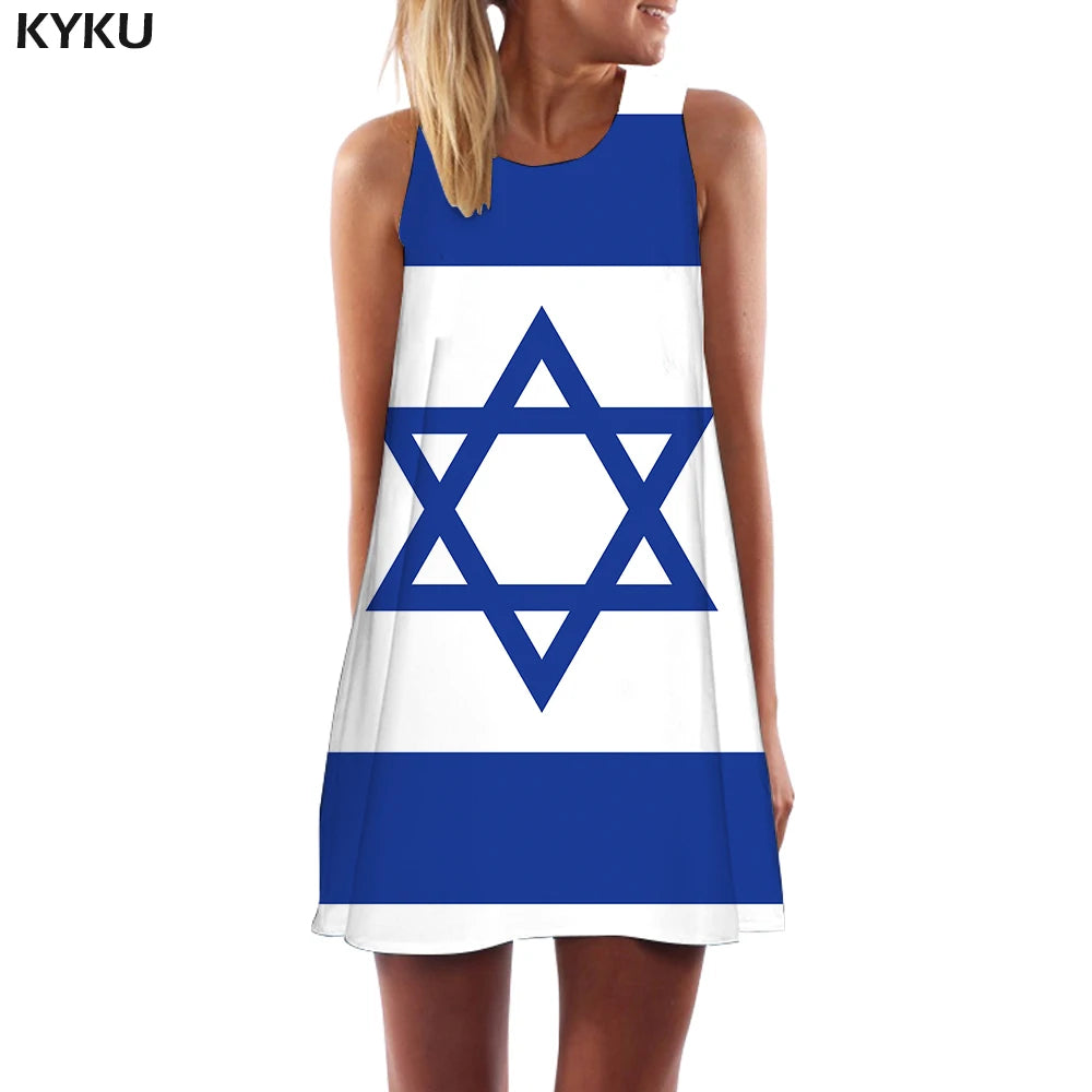 KYKU Israel Flag Dress Women Geometric Short Blue Sundress Harajuku Vestido Sexy Beach Womens Clothing Summer New Wrap Fashion