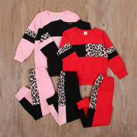 Patchwork Leopard Two Piece Baby Girl Clothes Kids Sportswear Suit Long Sleeve Round Neck Top Elastic Head Long Pants for Autumn