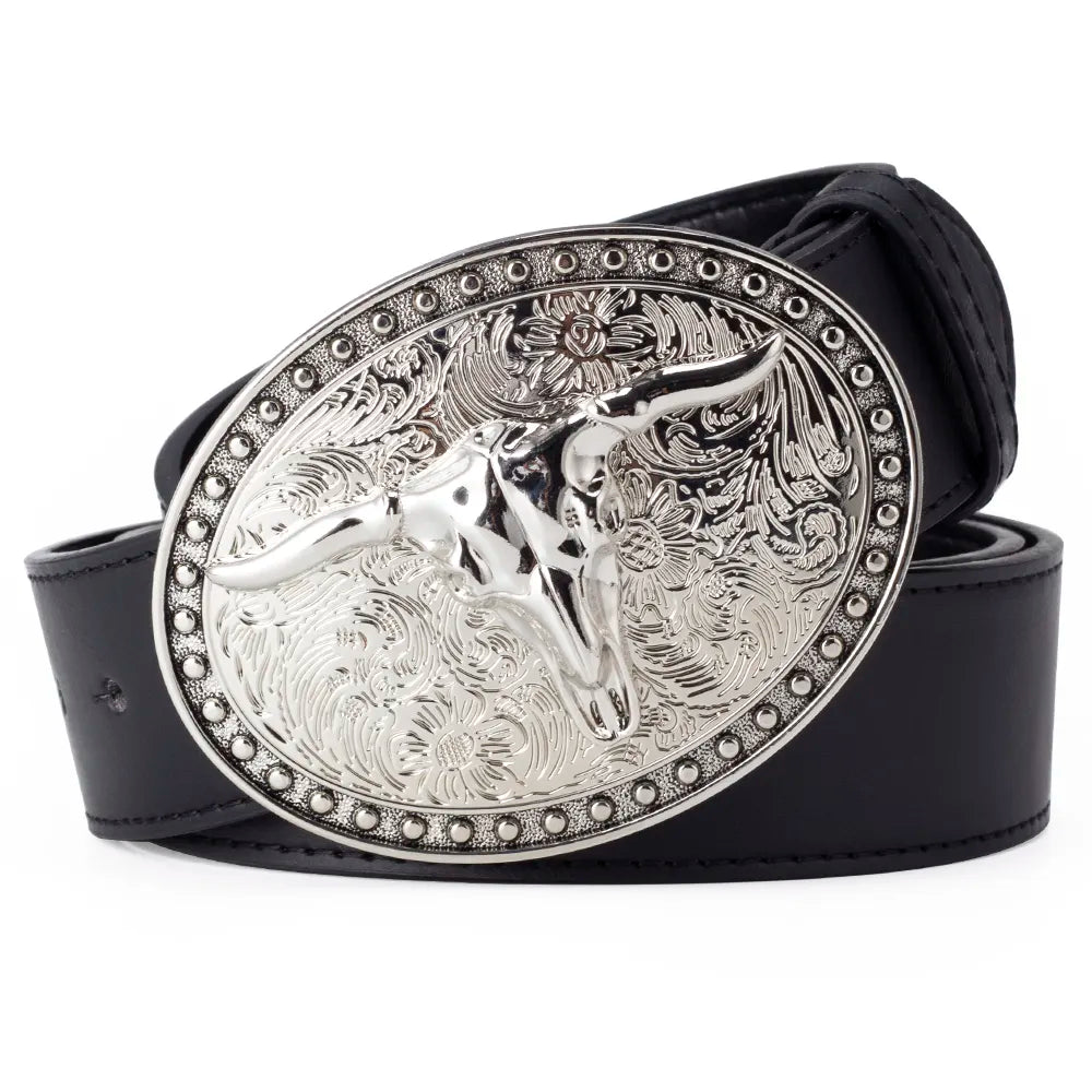 White Tauren Alloy Bulk Buckle Pu Leisure Youth Lap Black Belt Fashion For Men Cowboy