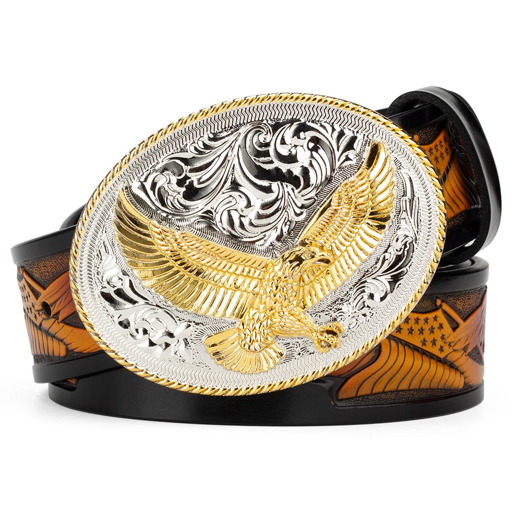 Leather Belt Male Embossed Gold Alloy Buckle Eagle Western Cowboy Double Color Big Buckle Belt Fahsion for Men Luxury