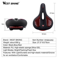 WEST BIKING MTB Bike Saddle Seat with Cycling Taillight Thicken Wide Comfortable Bike Bicycle Saddles GEL Hollow Bicycle Saddle