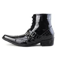 British Luxury Mens Black Ankle Boots Pointed Toe Trending Patent Leather Chains Charm Party Show Shoes Stage Leisure Zapatos