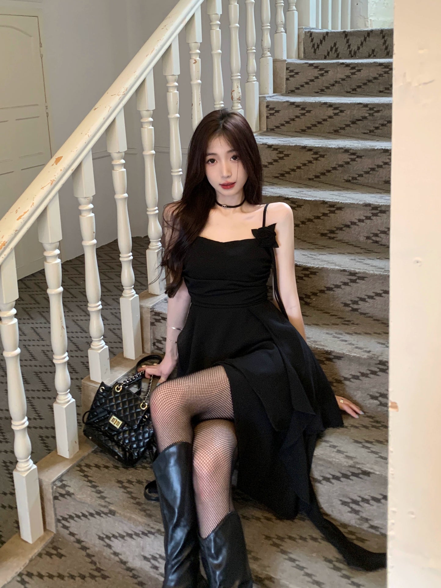 Women's Black Sexy Cover Belly Slim Suspender Dress