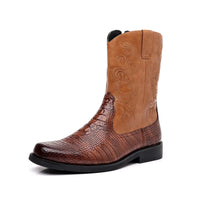 Western Cowboy Boots for Men Brown Black Crocodile Pattern Mid-Calf Square Toe Zipper Men Boots  Size 38-46