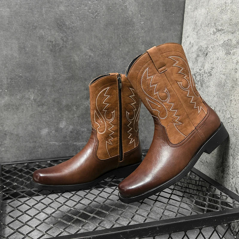 British Style Mid-calf Western Boots Men's Cowboy Boots Handmade Leather Slip on Shoes High Top Embroidered Male Riding Boots