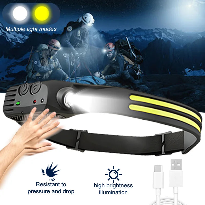 Portable LED Sensor Headlamp COB Head Lamp Flashlight USB Rechargeable Head Torch Built-in Battery Waterproof Fishing Lantern