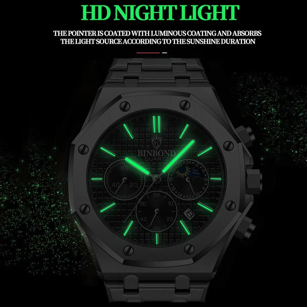 Top Brand Man Casual Watch Luxury Luminous BINBOND B0161 Wristwatch Stainless Steel Waterproof Men Date Calendar Clock