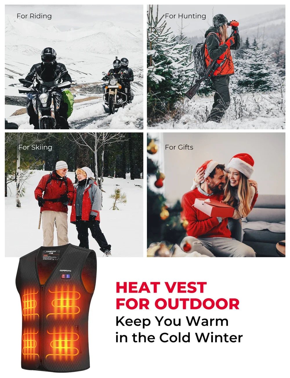 KEMIMOTO Motorcycle Heated Vest Men's Heated Vest With 8 Heating Zone USB Electric Heating Vest For Skiing Fishing Outdoor