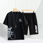 Casual T-shirt Men's Bike Print New Summer Short Sleeve Top Outdoor Street Fashion Trend Slim Fit Plus Size Sport Two-piece Set