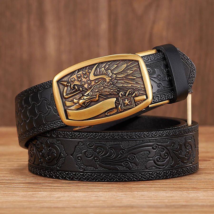 3.5cm New Eagle Pattern Buckle Split Leather Belt Quality Alloy Automatic Buckle Wasitbad Strap Genuine Leather Gift Belt Men