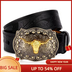 Western Embossed Genuine Leather Men Belts Golden Cowboy Longhorn Bull Pattern Floral Engraved Buckle Belt For Men Free Shipping