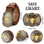 Western Embossed Genuine Leather Men Belts Golden Cowboy Longhorn Bull Pattern Floral Engraved Buckle Belt For Men Free Shipping