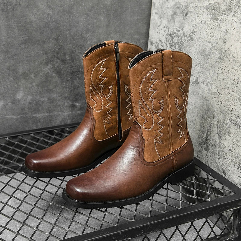 British Style Mid-calf Western Boots Men's Cowboy Boots Handmade Leather Slip on Shoes High Top Embroidered Male Riding Boots