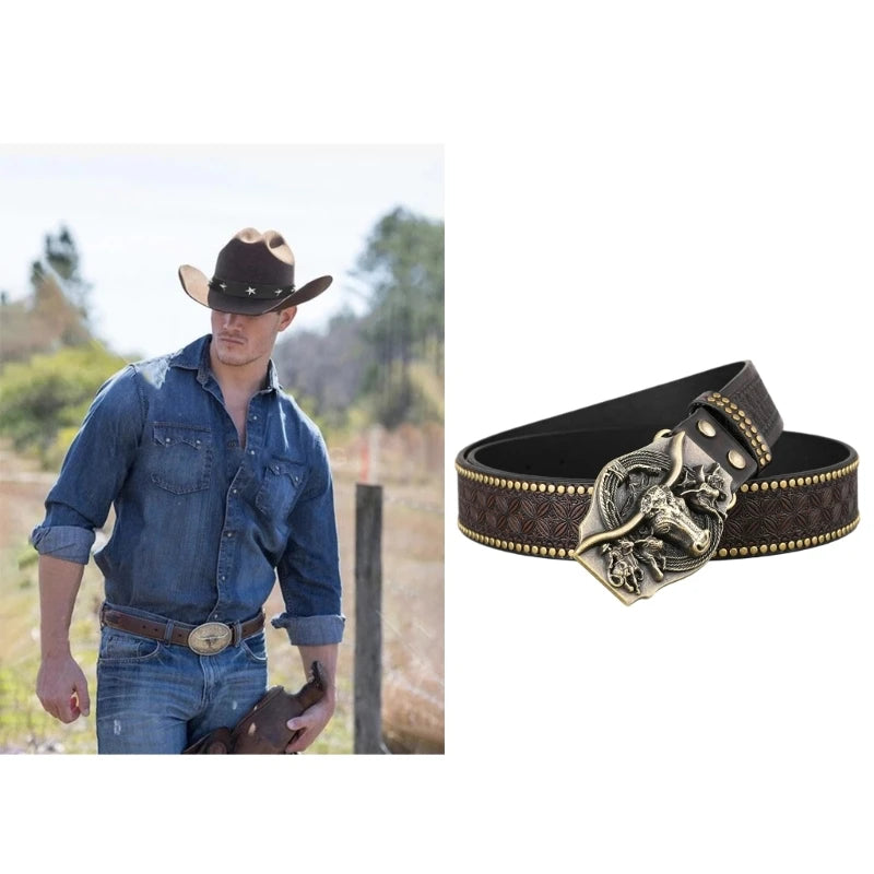 Western Cowboy PU Leathers Belt Men Waist Strap Vintage Engraved Belt for Jeans