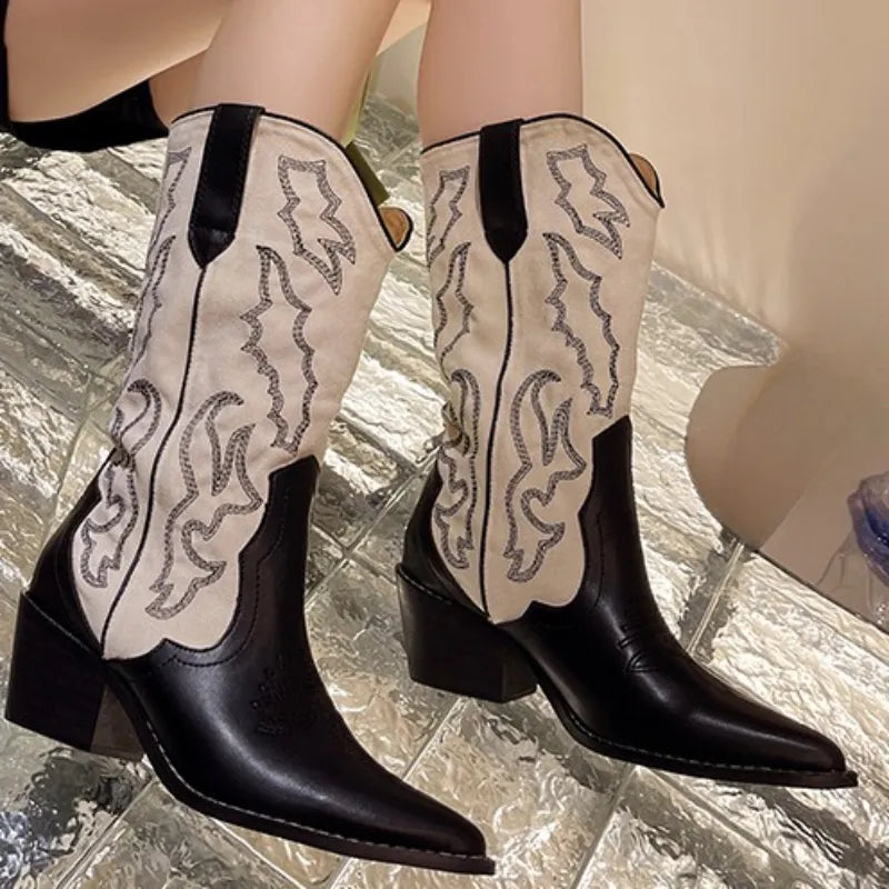 New Embroidery Mixed Colors Western Cowboy Boots Women 2023 Autumn Knee High Booties Pointed Toe Mid Heel Slip on Ladies Shoes