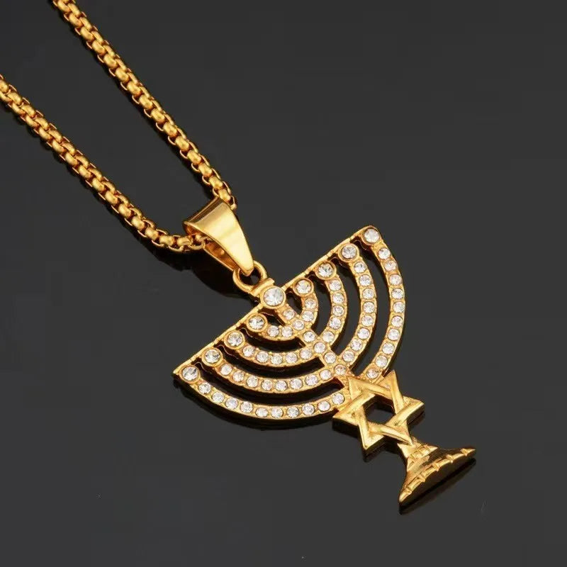 No Fade Titanium Stainless Steel Religious Menorah Jewish Jewelry Magen Necklace Judaica Hebrew Israel Faith Lamp Hanukkah