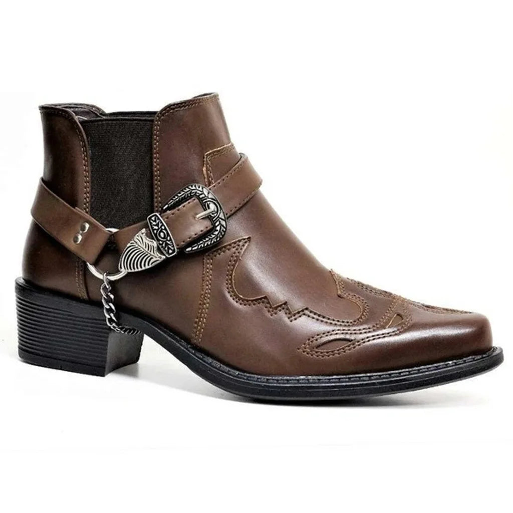 Men's Vintage Cowboy Boots Leather Buckle Strap Punk ankle boots Pointed Toe Motorcycle Boots buty do kostki sepatu pria M812