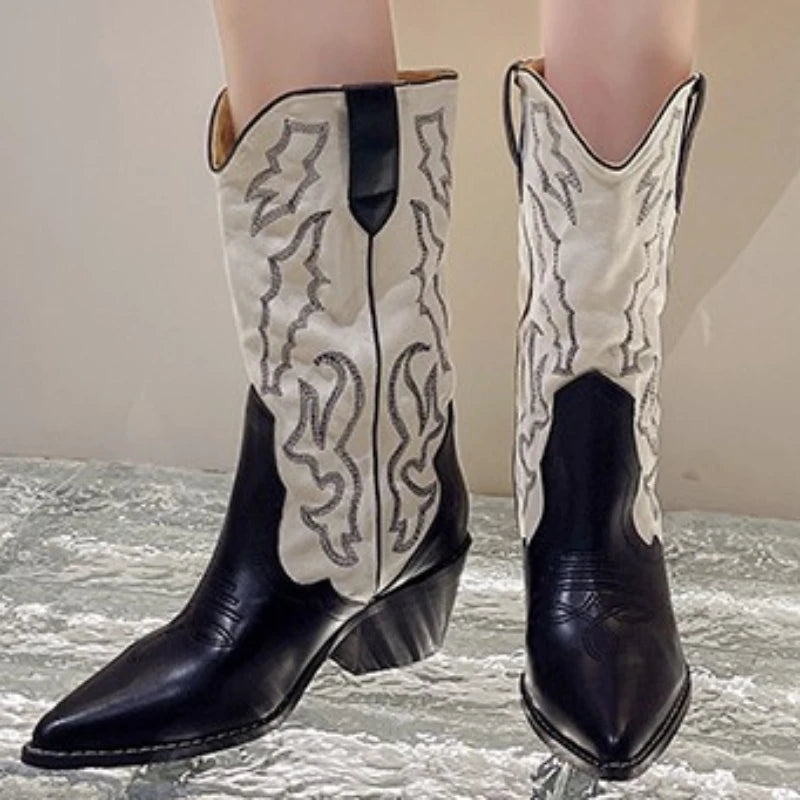 New Embroidery Mixed Colors Western Cowboy Boots Women 2023 Autumn Knee High Booties Pointed Toe Mid Heel Slip on Ladies Shoes