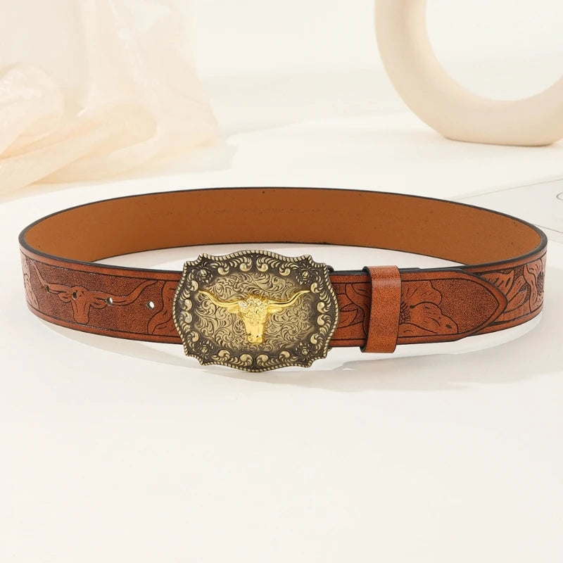 Longhorn Bull Belt Buckle Belt Vintage Western Belt Cowboy Belts For Men Western With Big Buckle Leather Belt Jeans Belt