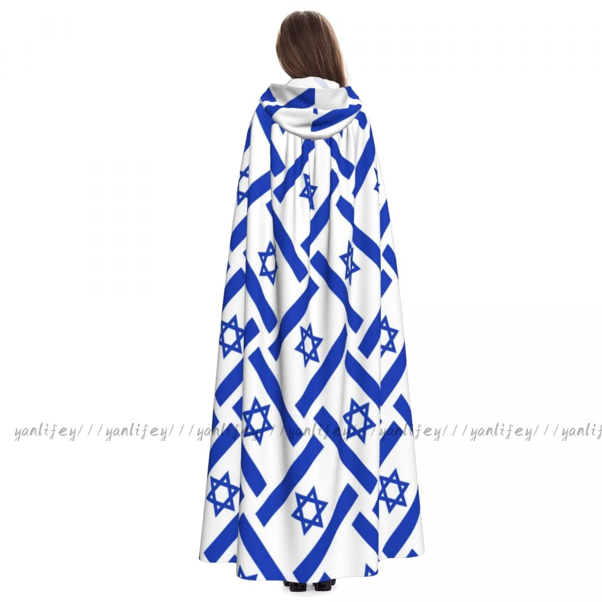 Adult Halloween Israel Flag Print Cloak Cape Hooded Medieval Costume Full Length Dress Coat