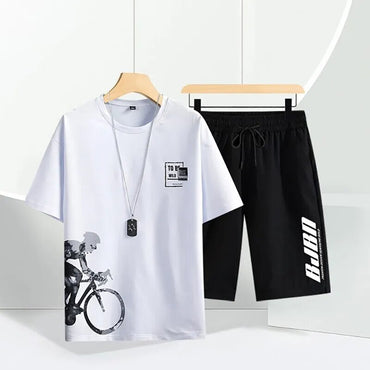 Casual T-shirt Men's Bike Print New Summer Short Sleeve Top Outdoor Street Fashion Trend Slim Fit Plus Size Sport Two-piece Set