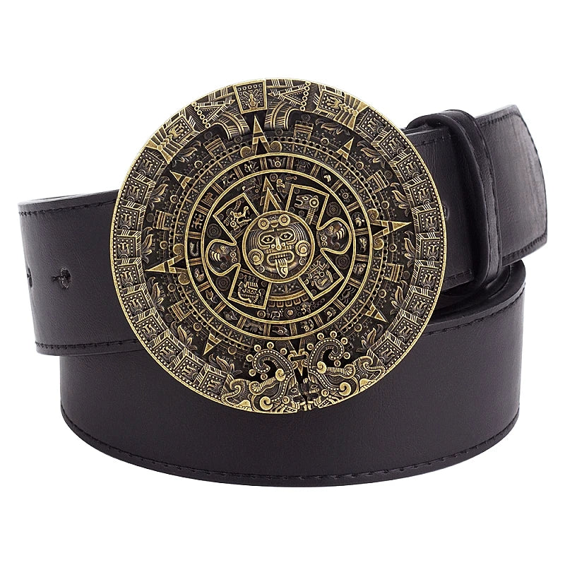 Maya Rune Aztec Solar Calendar Copper Buckle Round Fashion Belt Men Women Jeans Waistband PU Leather