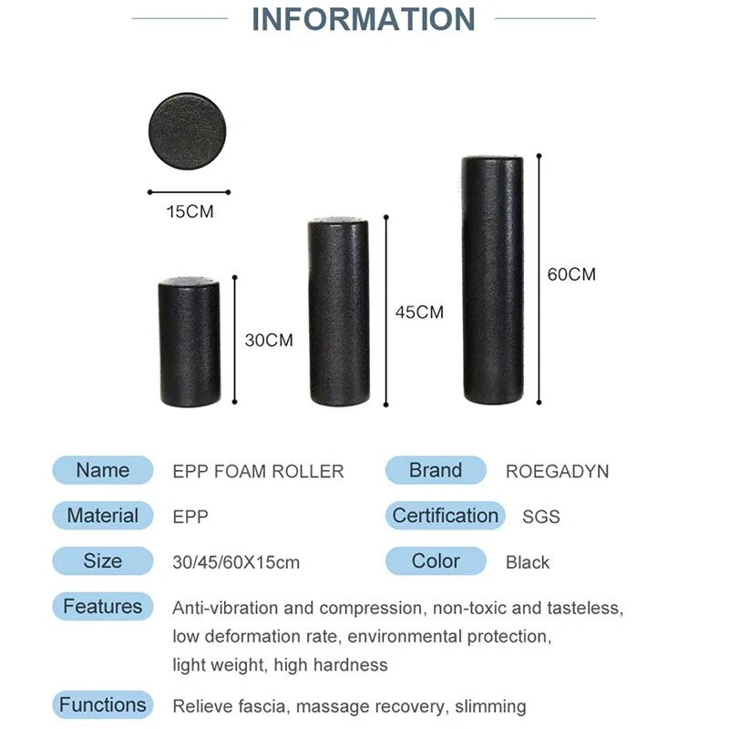 3 גדלים פילאטיס קצף רולר שחור יוגה קצף רולר 30/45/60 ס"מ ציוד כושר עיסוי רולר גוף לנשים/גברים
