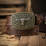 Western Cowboy PU Leather Belt - Men Waist Strap Bull Decoration Floral Engraved Jeans pantalones hombre pasek spodni accessori