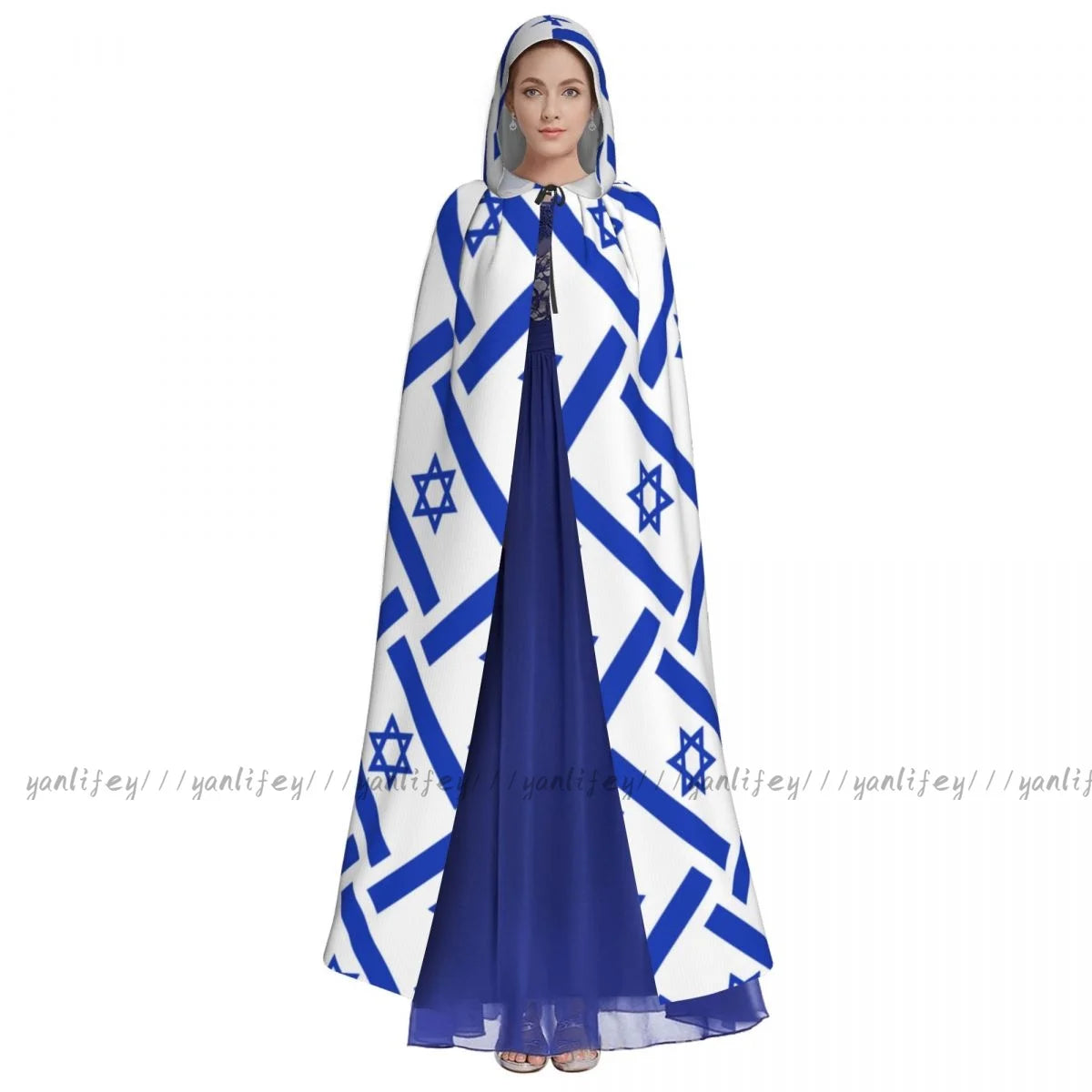 Adult Halloween Israel Flag Print Cloak Cape Hooded Medieval Costume Full Length Dress Coat