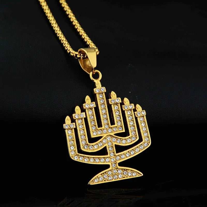 No Fade Titanium Stainless Steel Religious Menorah Jewish Jewelry Magen Necklace Judaica Hebrew Israel Faith Lamp Hanukkah