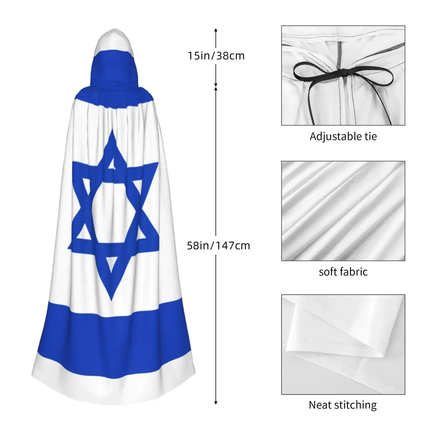 Adult Cloak Cape Hooded Flag Of Israel Medieval Costume Witch Wicca Vampire Elf Purim Carnival Party