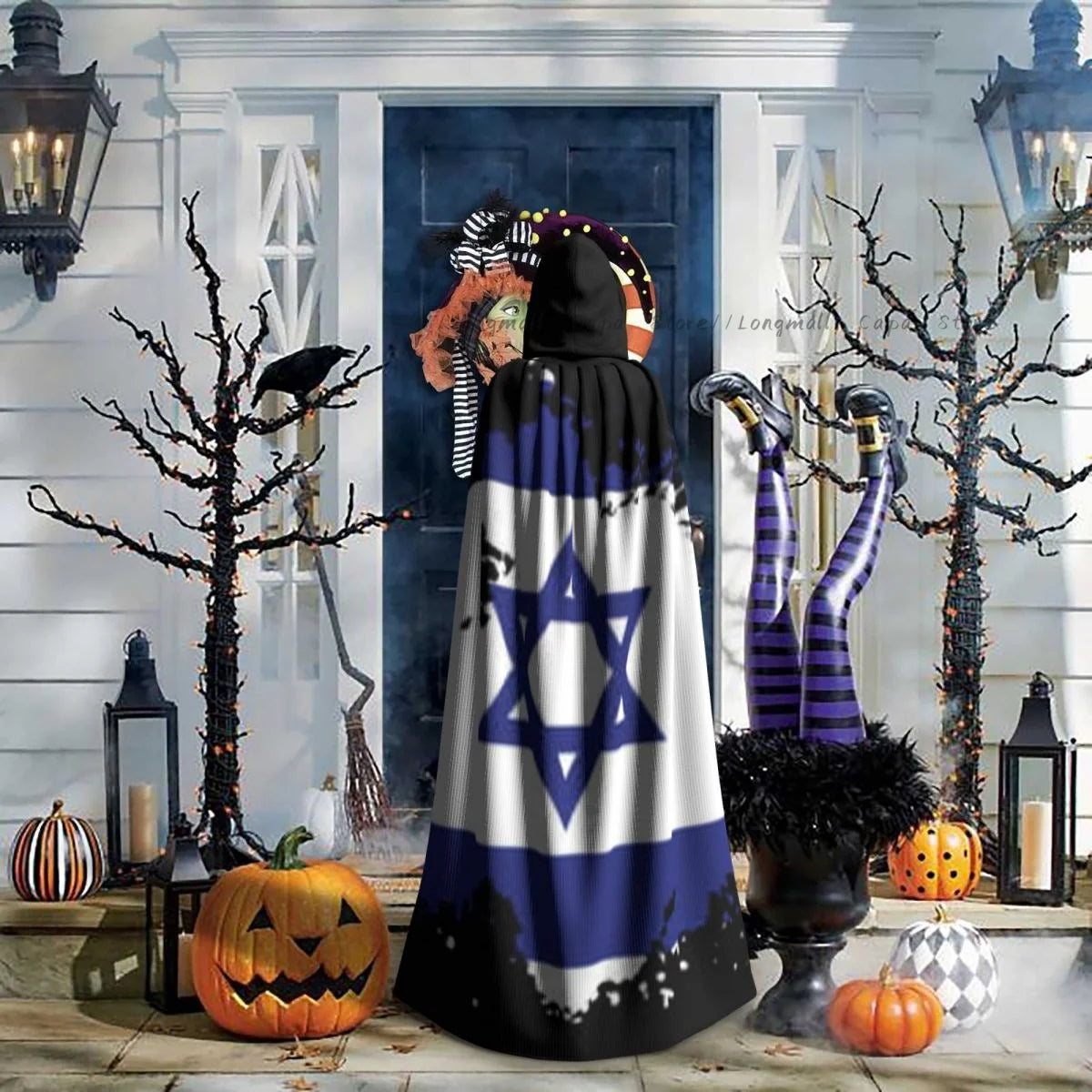 Adult Halloween Grunge Israel Flag Cloak Cape Hooded Medieval Costume Full Length Dress Coat