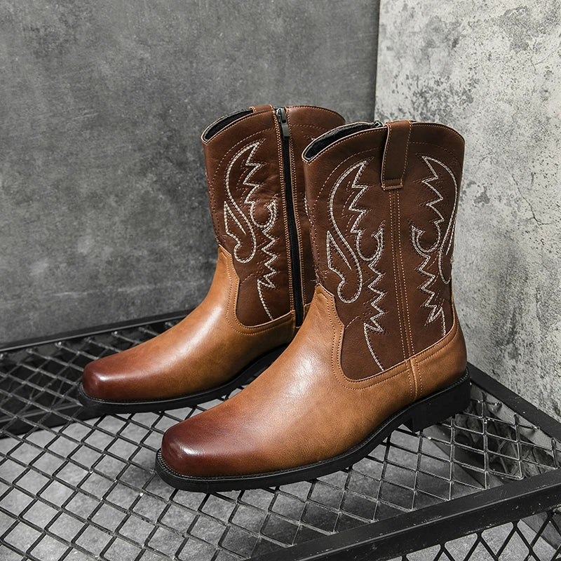 British Style Mid-calf Western Boots Men's Cowboy Boots Handmade Leather Slip on Shoes High Top Embroidered Male Riding Boots