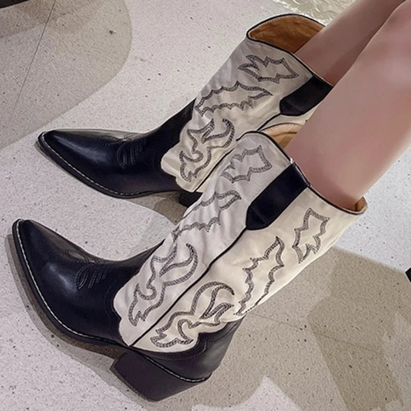 New Embroidery Mixed Colors Western Cowboy Boots Women 2023 Autumn Knee High Booties Pointed Toe Mid Heel Slip on Ladies Shoes