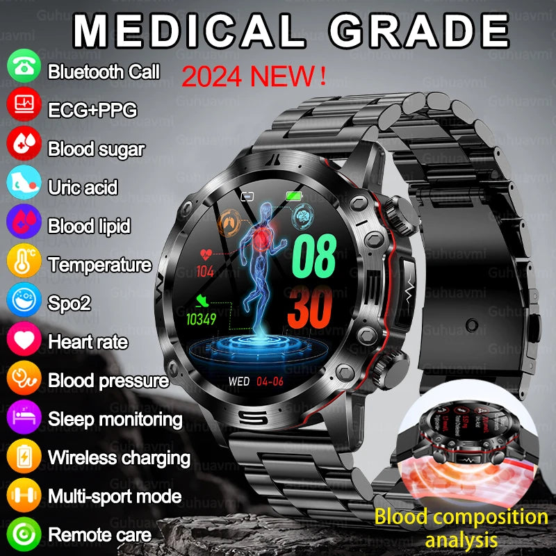 2024 New Blood Lipids Uric Acid Blood Glucose Smart Watch For Men ECG+PPG Fitness Tracker Clock Bluetooth Call Health Smartwatch