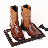 Western Cowboy Boots for Men Brown Black Crocodile Pattern Mid-Calf Square Toe Zipper Men Boots  Size 38-46