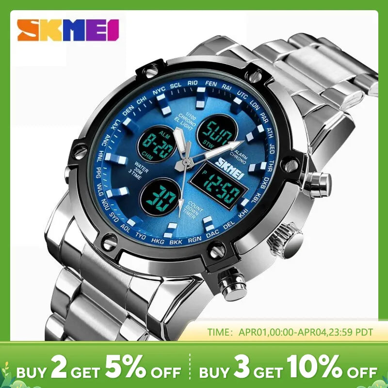 Skmei 3 Time Back Light Display Digital Watches Mens Full Steel Strap Quartz Wristwatch Countdown Clock Relogio Masculino