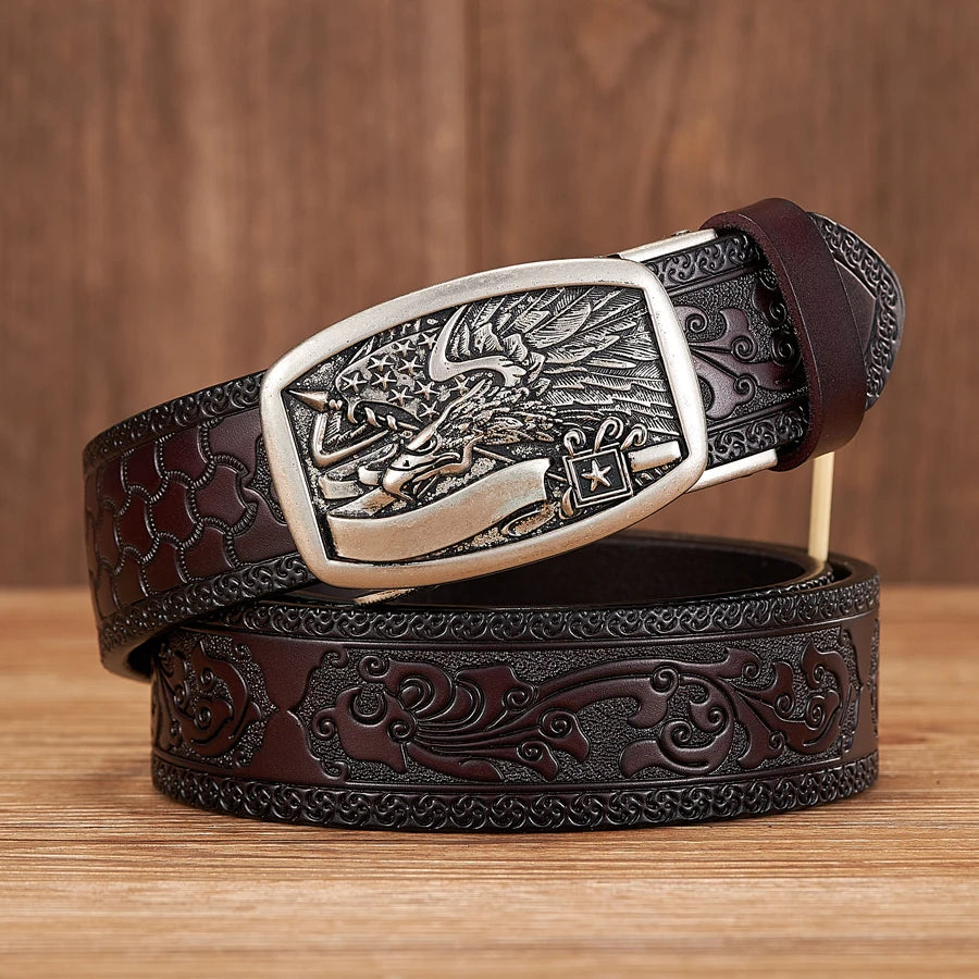 3.5cm New Eagle Pattern Buckle Split Leather Belt Quality Alloy Automatic Buckle Wasitbad Strap Genuine Leather Gift Belt Men