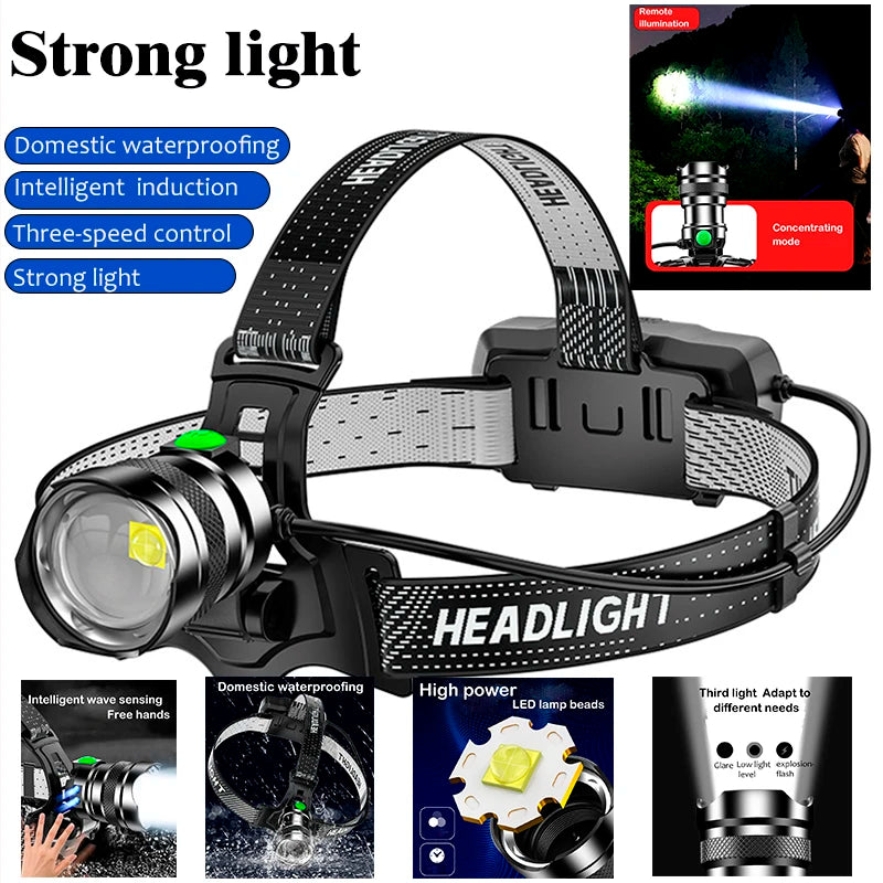 Headlamp Rechargeable Headlight 18650 Usb Led Ultra Powerful Head-mounted Searchlight Battery Camping Hunting Fishing Hiking