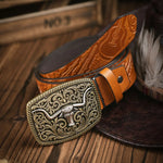 Western Cowboy PU Leather Belt - Men Waist Strap Bull Decoration Floral Engraved Jeans pantalones hombre pasek spodni accessori