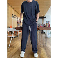 Summer Men's Loose Ice Sports Tracksuits Fashion Casual Short Sleeve T-shirt  And Pants Two-piece Sets Men Clothes Suit