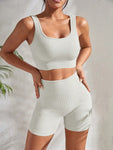 Seamless Ribbed Yoga Sets Workout Sets for Women 2 Pieces Gym Suits Ribbed Crop Tank High Waist Shorts Outfits Fitness Running