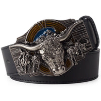 Fashion Mens Belt Cow Head Bull OX Horn Leather Belt Western Cowboy Wild West Style Punk Rock Hip-hop Waistband