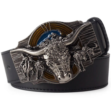 Fashion Mens Belt Cow Head Bull OX Horn Leather Belt Western Cowboy Wild West Style Punk Rock Hip-hop Waistband