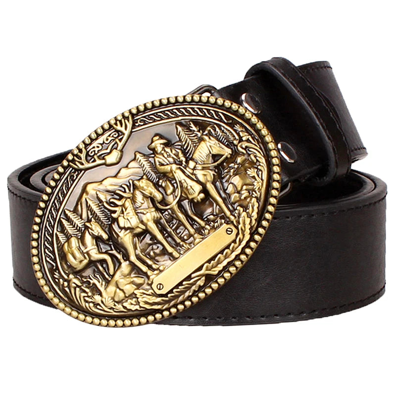 Fashion Men's Leather Belt Knight Wild West Cowboy Style Hip Hop Rock Jeans Waistband Metal Golden Buckle